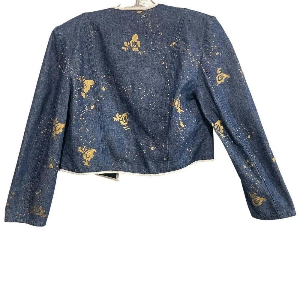 Howard Wolf Vtg Denim Cropped Blazer Jacket Gold Paint Splatter Floral Size 8 - Picture 3 of 9